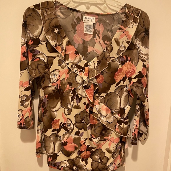 George Three Quarter Sleeve Brown and Pink Floral Stretchy Blouse Top